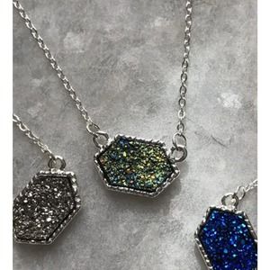 Peacock Iridescent Druzy Stone Silver Necklace